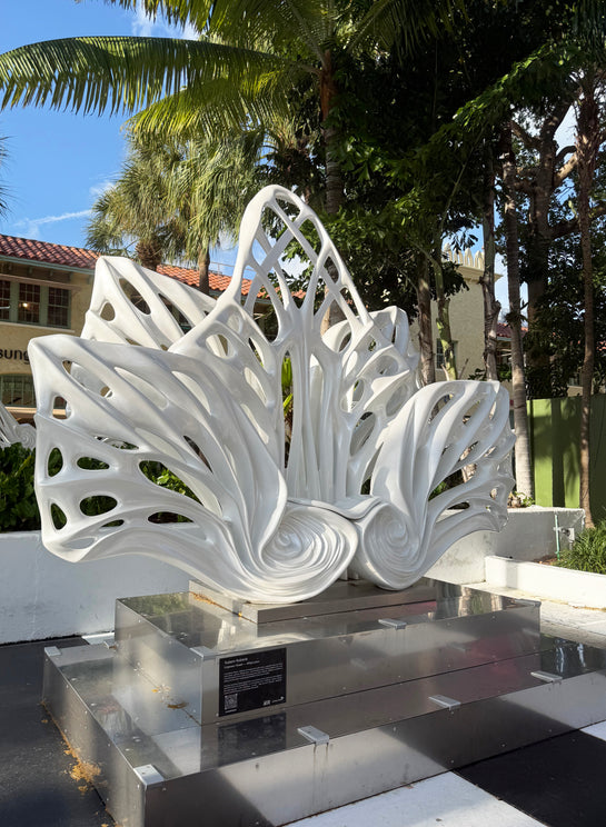 Name: Empower Flower
 Size: 10” x 10” x 4”
 Medium: painted Fiber Glass / stainless steel base
 Year : 2020