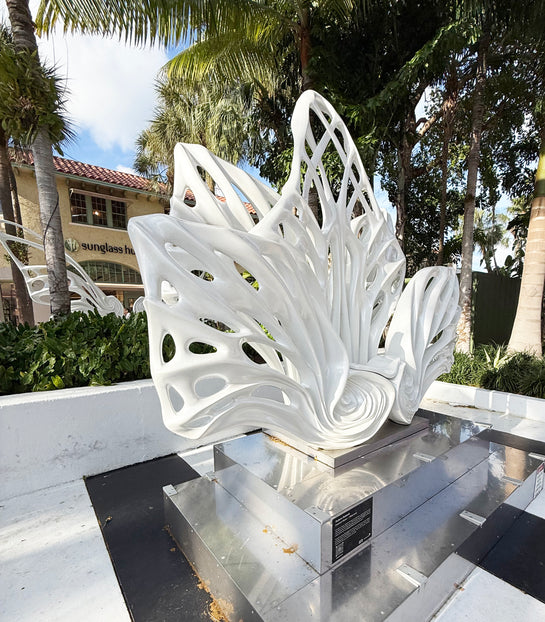 Name: Empower Flower
 Size: 10” x 10” x 4”
 Medium: painted Fiber Glass / stainless steel base
 Year : 2020