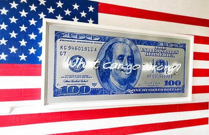Name: Money Talks - Blue on Silver (What Can Go Wrong) Medium: hand painting/Velvet paint/SilkScreen/Neon light. Size: 34 x 74 in Edition: Unique