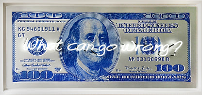 Name: Money Talks - Blue on Silver (What Can Go Wrong) Medium: hand painting/Velvet paint/SilkScreen/Neon light. Size: 34 x 74 in Edition: Unique