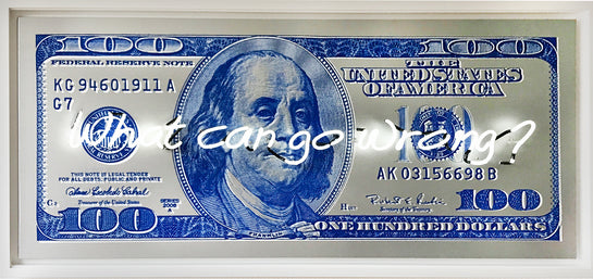 Name: Money Talks - Blue on Silver (What Can Go Wrong) Medium: hand painting/Velvet paint/SilkScreen/Neon light. Size: 34 x 74 in Edition: Unique