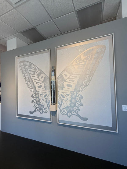 NAME: DIPTYCH BUTTERFLY III - SILVER ON WHITE
MEDIUM: HAND PAINTED/SILKSCREEN/DIAMOND DUST.
SIZE: 74 X 98 IN. (PAIR)
EDITION: UNIQUE + 1.AP
Year: 2022


Name: Love Changes Everything  
Medium: Aluminium dipped in gold chrome
+- 20,000 Swarovski Crystals handle applied
Size: 37 x 5 x 5 in
Edition: Unique
Year: 2016