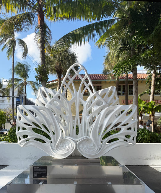 Name: Empower Flower
 Size: 10” x 10” x 4”
 Medium: painted Fiber Glass / stainless steel base
 Year : 2020