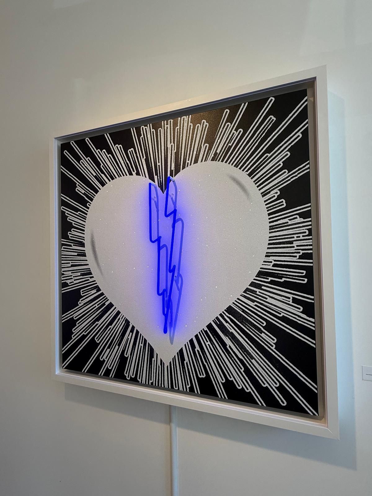 Name: Lighting Heart - White on Silver - Blue Neon
Size: 44 x 44 in
Medium: Hand painting/ Diamond Dust / Silkscreen / Neon Light.
Edition: Unique + A.P 
Year: 2020
