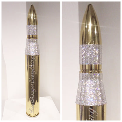 Name: Love Changes Everything Bullet
Medium: Aluminium dipped in gold chrome
+- 20,000 Swarovski Crystals handle applied
Size: 37 x 5 x 5 in
Edition: unique